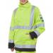 This photo features two Beeswift high visibility jackets in a bright Saturn yellow and navy color combination. The arc woven pattern adds texture to the jackets, making them stand out for safety purposes.