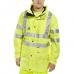 This image features three Beeswift high visibility jackets, with the center one being the Carnoustie jacket in Saturn yellow. The jacket has a medium size, and the brand name Beeswift is clearly visible on the chest. The bright yellow color and reflective strips make this jacket highly visible and suitable for low light environments.