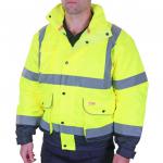 This photo features a group of vibrant Beeswift high visibility bomber jackets in two-tone Saturn yellow and navy, with the largest size being 3XL. The jackets have a striking, eye-catching design and are perfect for staying visible and safe in low light conditions.