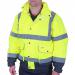 The image displays bright yellow and navy bomber jackets from Beeswift. The high visibility jackets are designed with a two-tone construction and feature a classic bomber style. The Saturn yellow and navy colors create a striking contrast, making these jackets stand out. Available in a large size, these jackets are suitable for a variety of outdoor activities.