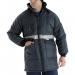 This image features a navy blue Beeswift Coldstar Freezer Jacket and a selection of Beeswift jackets and vests. The jacket is designed for cold temperatures and has the Beeswift logo prominently displayed. The other jackets and vests feature various styles and colors.