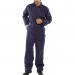 This picture features a Beeswift Boilersuit in navy blue, made from durable cotton drill fabric. It is size 48 and has the brand name embroidered on the chest. The full-length design and multiple pockets give it a functional and professional look.