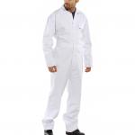 This image features a Beeswift cotton drill boilersuit in white, size 38. The boilersuit has a professional and durable appearance, with multiple pockets and buttons for functionality. The Beeswift logo can be seen on the chest and back of the suit.