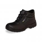 The picture shows a pair of black Beeswift safety boots, featuring a 4 D-ring closure and a midsole for added protection. The boots have a sleek, professional look and appear to be sturdy and durable.