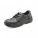 The picture shows a pair of black Beeswift Safety Shoes, with a dual density sole and an economy design. The shoes are of S1 safety standard and are size 12.