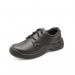 The photo shows a pair of Beeswift Safety Shoes in smooth black leather, featuring a lace-up design. The shoes appear sturdy and high-quality, with a sleek and professional look. They are designed for maximum safety and protection in hazardous work environments.