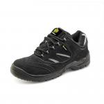 A photograph of Beeswift Safety Trainers Beeswift Trainer Shoe Black 9 CDDTB09 shows a sleek and sturdy black shoe with a reinforced toe and gripped sole. The trainers have a low ankle height and feature the Beeswift logo on the side. The material appears durable and built for safety and functionality.