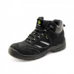 The photo captures a pair of black Beeswift safety trainers with a durable rubber sole and sleek design. The boots have a protective toe cap and comfortable fit, making them ideal for work environments. The brand name is visible on the side of the shoe.