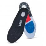 The image features a pair of Beeswift Gel Insoles by Beeswift Footwear. The insoles are surrounded by packaging and are made with a clear silicone gel material. The insoles are labeled and display the Beeswift logo on the top.