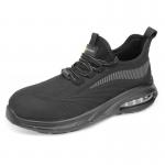 The photograph shows a pair of black and grey Beeswift Safety Trainers, featuring a composite sole with a Fly knit design. The trainers have a bubble sole and are labelled as S1PL in size 08/42, with the model number CF10108.