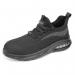 The photo shows a pair of Beeswift Safety Trainers Sutton Composite in Black/Grey color. The trainers have a Fly knit upper and a Bubble Sole for added comfort and style. They are S1PL rated and available in size 10.5.