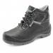 The photograph shows a pair of black Beeswift Dual Density Site Boots, size 13. The boots have a sturdy build and a low heel, ideal for safety while working on construction sites. They have a protective steel toe and are labeled as S3 grade.