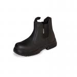 This image features a pair of black Beeswift Dual Density Dealer Boots, size 9. The boots have a sleek, polished appearance with a smooth leather exterior. The Beeswift logo is visible on the side of the boot, and the sole has a sturdy, durable construction.