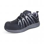 The Beeswift Shoes Beeswift Trainer S3 Non Metallic Black / Grey 03 CF2603 features a sleek and modern design, with a black and grey color scheme. The trainers have a non-metallic construction, providing both style and safety. The Beeswift logo is visible on the side and tongue, adding a touch of branding to the overall look. Ideal for both work and casual wear, these shoes are a perfect addition to any wardrobe.