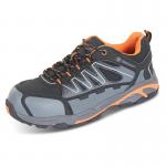 This picture features the Beeswift S3 Composite Black, Orange, and Grey Shoes. The trainers have a sleek design with a combination of black, orange, and grey colors. The durable composite material adds strength and protection. Available in size 05.