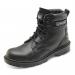 In the photo, two Beeswift safety boots can be seen. Made of smooth black leather, they are 6 inches in height and size 08. The boots have a sturdy construction and offer protection for the wearers feet. Perfect for any industrial or outdoor work environment.