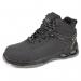 This image features a pair of black Beeswift Safety Boots. The boots have a mid-cut and are made of composite material. They have a black TPU Tek safety feature and are classified as S3S with a size of 06/39.