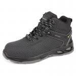 The photo captures a pair of sleek, black Beeswift Himley Safety Boots, made with Composite Mid Cut and TPU Tek Safety technology. With an S3S rating and size 6.5/40, these boots are perfect for any work environment.