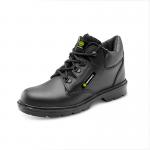 The photo features a pair of Beeswift safety boots in black leather with a mid cut design. The boots are equipped with a protective midsole and are ideal for various outdoor or industrial work settings.