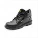 The photo features a pair of Beeswift safety boots in black leather with a mid cut design. The boots are equipped with a protective midsole and are ideal for various outdoor or industrial work settings.