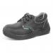 The picture shows a pair of black Beeswift Dual Density S3 Shoes, size 08. The shoes have a sleek design with sturdy rubber soles and a comfortable inner lining. The toe and heel cap are reinforced for extra durability. The brand name Beeswift is embossed on the side of the shoe.