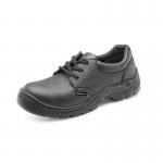 The image shows a pair of black Beeswift toe cap boots, labeled as safety shoes and certified for SBP standards. The boots feature a sturdy design with a lace-up closure and a thick sole. The toe caps are visible on the front of the boots, providing extra protection for the wearer.