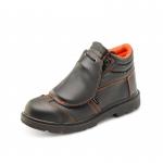 The image features a pair of black Beeswift Safety Boots with a Metatarsal Boot design, size 08. The boots have a sturdy construction and are marked as S3 for safety purposes.