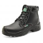 The picture features a pair of Beeswift Safety Boots, model Beeswift 6 Eyelet Pur Boot S3, in black color and size 10.5. The boots have a sturdy design with 6 eyelets and display the brands logo. They are suitable for various work environments and provide S3 level protection.