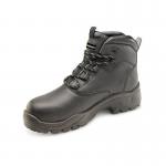 The picture shows a pair of sleek black Beeswift safety boots, featuring a non-metallic design and S3 safety rating. The boots are size 6.5 and have the brand name written on the side.