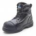 The picture shows a pair of black Beeswift Safety Boots, specifically the Beeswift Traders Trencher Boot. The sleek design features a sturdy rubber sole, lace-up closure, and extra ankle support. The boots are perfect for any job that requires protection and comfort, such as construction or warehouse work.