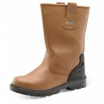 This photograph features a pair of tan Beeswift Premium Rigger Boots in size 13. The sturdy boots have a classic rigger style with elastic sides and a pull tab for easy wear. The durable material and high-quality construction make these boots ideal for tough outdoor work.