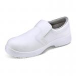 The photo shows a white pair of Beeswift Safety Shoes, specifically their Micro-Fibre Slip On Shoe style. The shoes have a S2 rating and are adorned with the Beeswift logo.