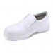 The photo shows a white pair of Beeswift Safety Shoes, specifically their Micro-Fibre Slip On Shoe style. The shoes have a S2 rating and are adorned with the Beeswift logo.