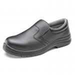 A photo of Beeswift Safety Shoes Beeswift Micro-Fibre Slip On Shoe S2 in black shows a sleek and professional work shoe. The slip-on style is made from durable micro-fibre and has a non-slip sole for added safety. The black color adds a touch of sophistication.