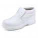 The image shows a pair of white Beeswift safety boots made with micro-fibre material. The boots are labeled as S2 and are size 06.5. They have the Beeswift logo on the sides and have a sturdy construction. The boots appear to be suitable for work environments that require safety measures.