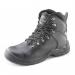 The image shows a pair of black Beeswift safety boots with an internal metatarsal guard. The boots have a sleek design with a durable sole and sturdy laces. The front of the boots feature the Beeswift logo for branding.