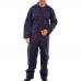 The photograph shows a navy blue Beeswift fire retardant boilersuit, with the Beeswift logo visible on the chest. The overalls have long sleeves and full-length legs, with elasticated wrists and ankles. The coverall has multiple pockets and a front zip for easy wear. The fabric appears sturdy and protective, ideal for industrial or outdoor work environments.