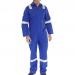 The image shows a royal blue boilersuit with a Nordic design by Beeswift. It is made of fire retardant material and features overalls and a coverall design. The size is 36 and it has the Beeswift logo visible on the chest. The suit is tailored for protection and comfort in hazardous work environments.