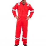 The photo captures a vibrant red Beeswift Fire Retardant Nordic Design Boilersuit in size 42. The high-quality material of the overalls and coverall is evident, with intricate stitching and a sleek design. The bold color and durable construction make these workwear essentials a standout in any setting.