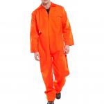 This image shows a vibrant orange Beeswift overalls and coverall, with the brand name boldly displayed on the chest. The material appears to be fire retardant, and the size is 48. It is a classic and practical workwear option for any job that requires protection and visibility.