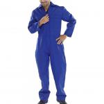 The photo shows a pair of royal blue Beeswift overalls and a coverall, both made with fire retardant material. The overalls have a 36-inch waist size. The vibrant blue color stands out, while the material appears durable and protective.