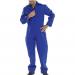 The picture features a high-quality royal blue coverall with a fire retardant finish from Beeswift. The overalls have sturdy construction and are suitable for a variety of professions. The front has a zip closure and multiple pockets, while the back has an elastic waistband for a comfortable fit. The Beeswift logo is prominently displayed on the chest.