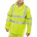 A photo of a Beeswift High Visibility Jacket in bright Saturn Yellow. It is fire retardant and anti-static with padding for added comfort. The jacket has reflective strips for increased safety and visibility.