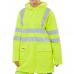 The photo features yellow Beeswift high visibility jacket specifically designed for fire retardancy and anti-static protection. The jacket is made of durable material and has multiple pockets for storage. The bright color and reflective stripes ensure optimal visibility in any work environment.