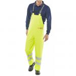 This image shows a bright yellow bib with reflective strips, designed for high visibility. The bib is made of fire retardant and anti-static material, and features braces for a secure fit.