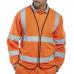 The photo shows a bright orange high-visibility jerkin made by Beeswift. It is also fire retardant and extra large in size. The jerkin features reflective stripes and a sturdy zipper, perfect for improving visibility and safety in hazardous work environments.