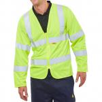 The image shows a bright yellow Beeswift high visibility jerkin, with reflective strips and the Beeswift logo on the chest. The jerkin is also fire retardant, with the words Fire Retardant written on the front. The size 5XL is visible on the tag, and the background is a bright orange color.