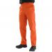 In the photo, a pair of bright orange Beeswift Fire Retardant Trousers in size 42 are shown. The trousers have a durable material and feature the Beeswift logo on the leg. There are pockets on the sides and back, and the waistband has adjustable straps for a comfortable fit.