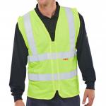 The picture shows Beeswift high visibility vests in a vibrant Saturn yellow color. The vests are made of fire retardant material and have a waistcoat design. They are size 3XL and feature a reflective strip for increased visibility.