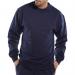 This photograph features a Beeswift polycotton sweatshirt in navy blue, size M. The sweatshirt has a classic design with a crew neckline and ribbed cuffs. The fabric has a soft, comfortable texture, and the Beeswift logo can be seen on the front. Overall, it presents a clean and professional look.